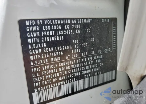 2017 Volkswagen Tiguan S from USA, damaged, VIN WVGAV7AX8HW513026